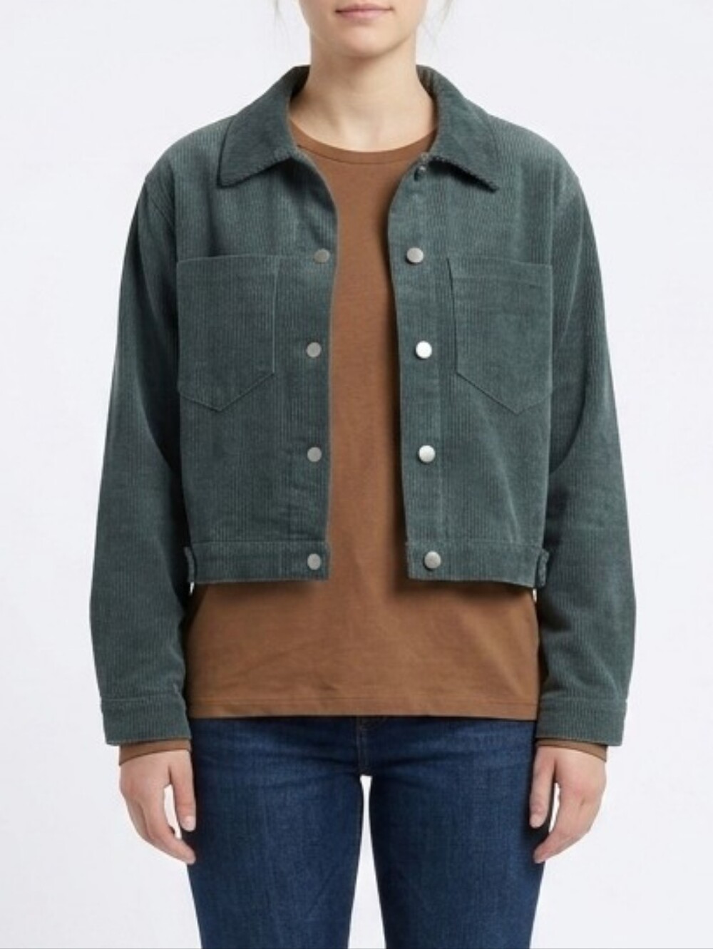 Hyfve Olive Green Cropped Corduroy Trucker Jacket Snap Button Boho Shacket Sze L